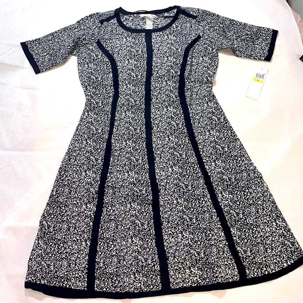London Times black white contrast trim colorblock slimming dress sweater a-line